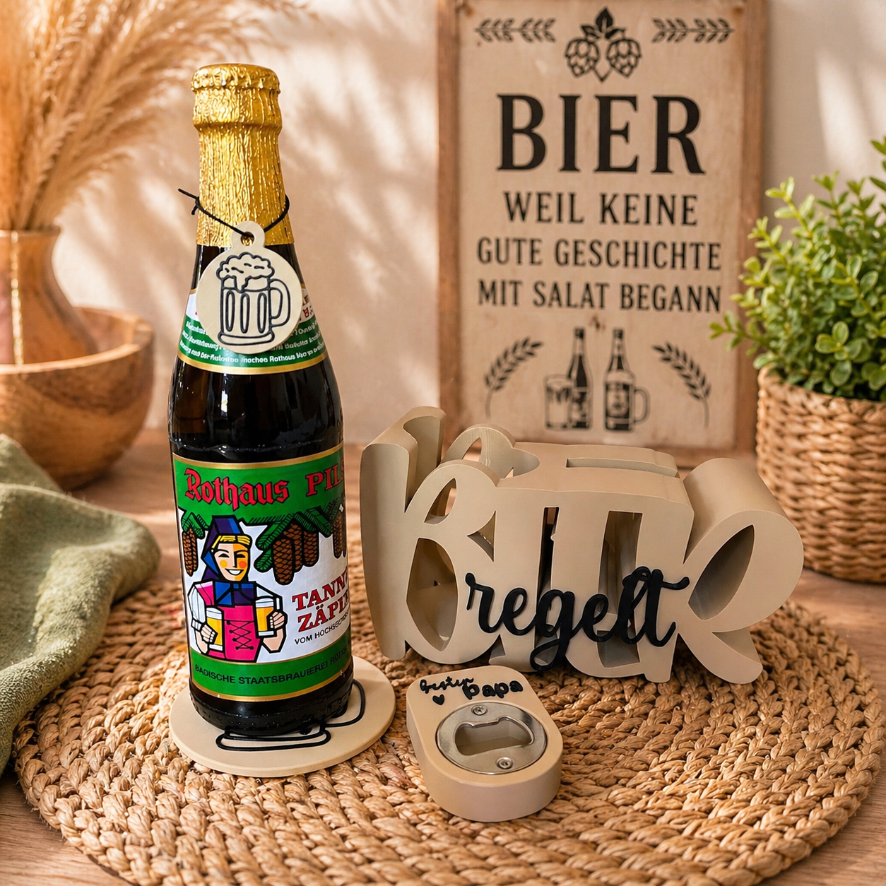 Bier Geschenkset „Bier regelt“ 🍺 | Origineller Flaschenhalter mit Öffner & Zubehör