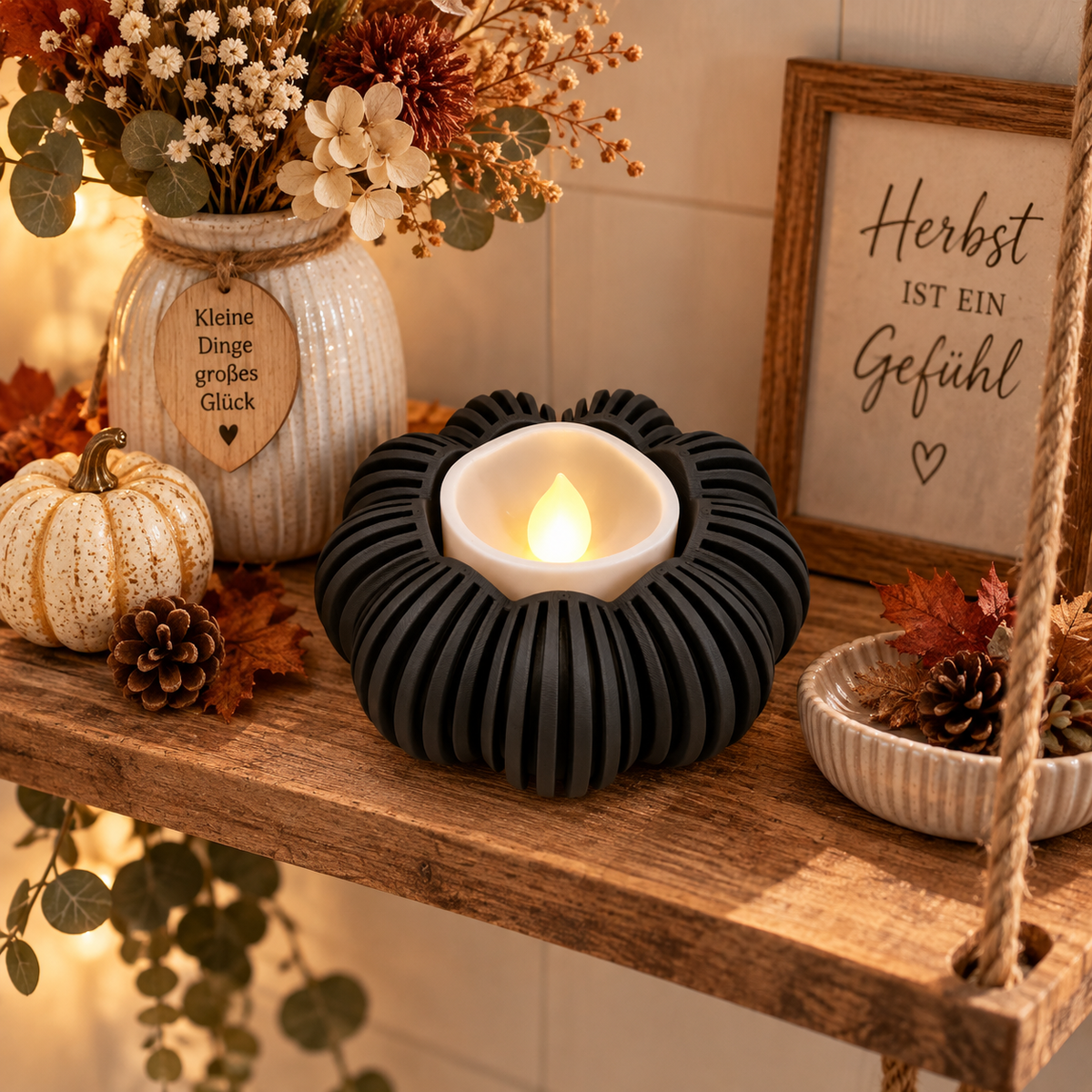 🎃 Japandi Kürbislicht – LED-Teelichthalter | Moderne Herbstdeko