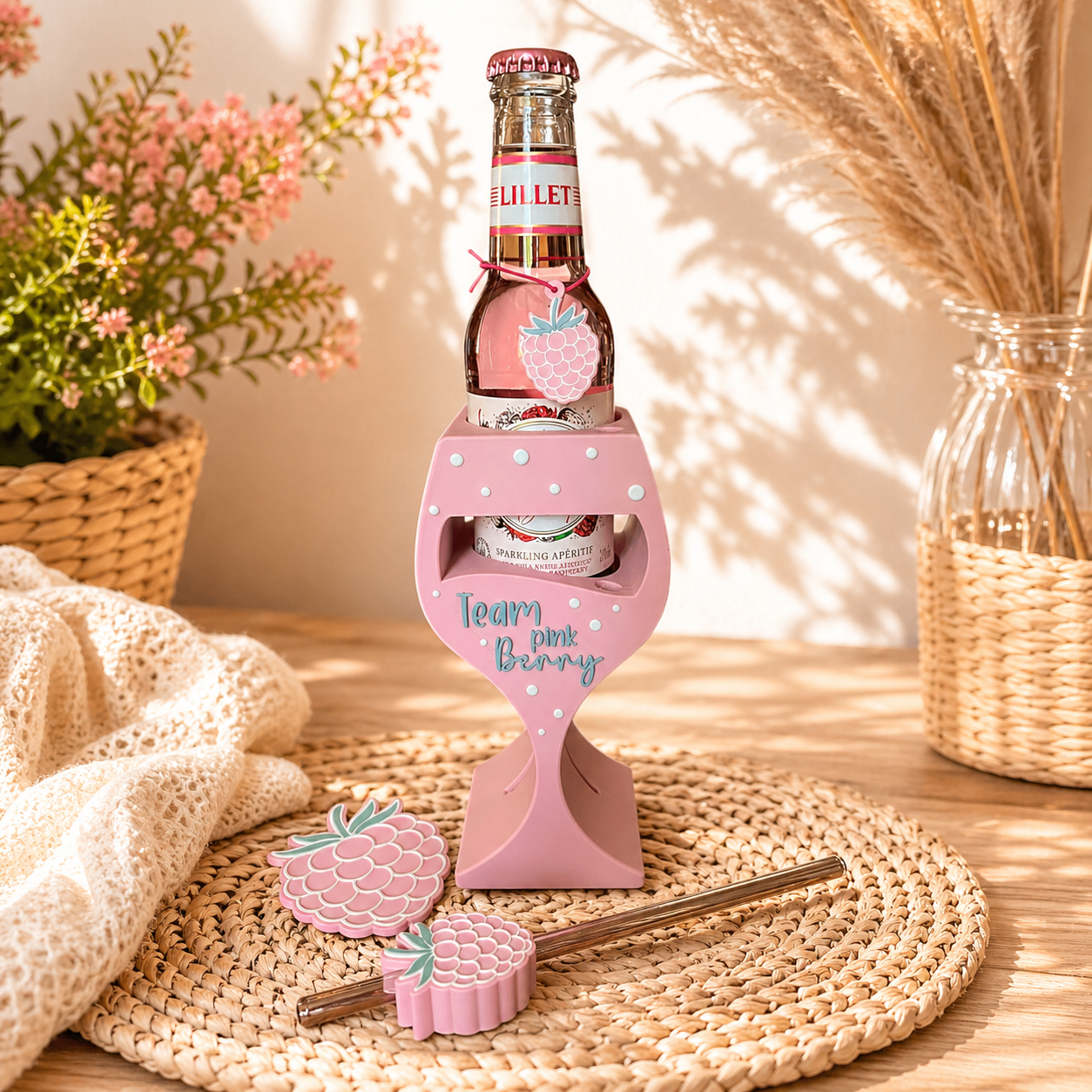 🍓Aperitif Flaschenhalter „Team Pink Berry“ – 3D Druck Set mit Zubehör
