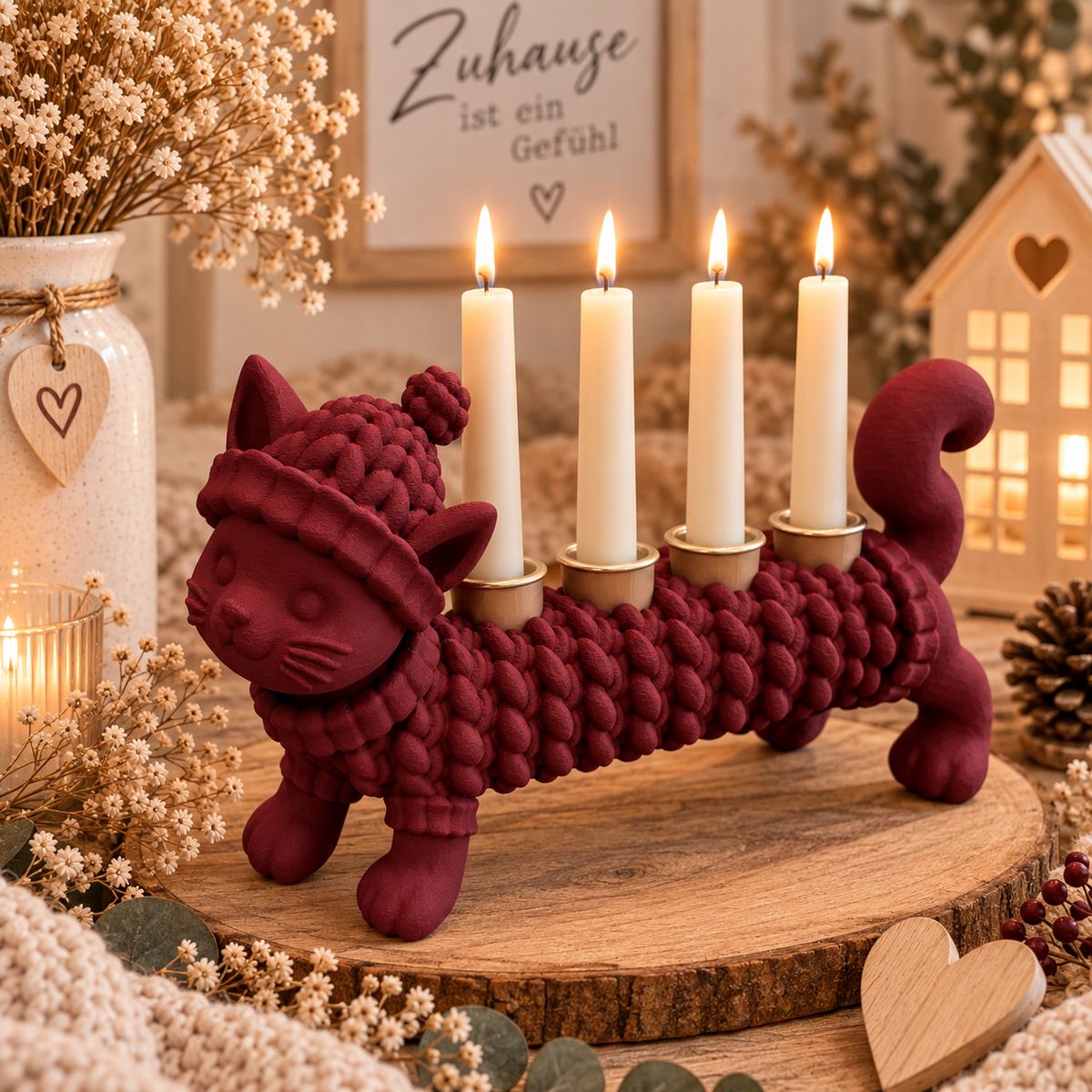 🐶🐈⬛ KUSCHELZEIT – Dackel & Katze Kerzenhalter in Strickoptik | 4-flammige Adventsdeko & Ganzjahresdeko