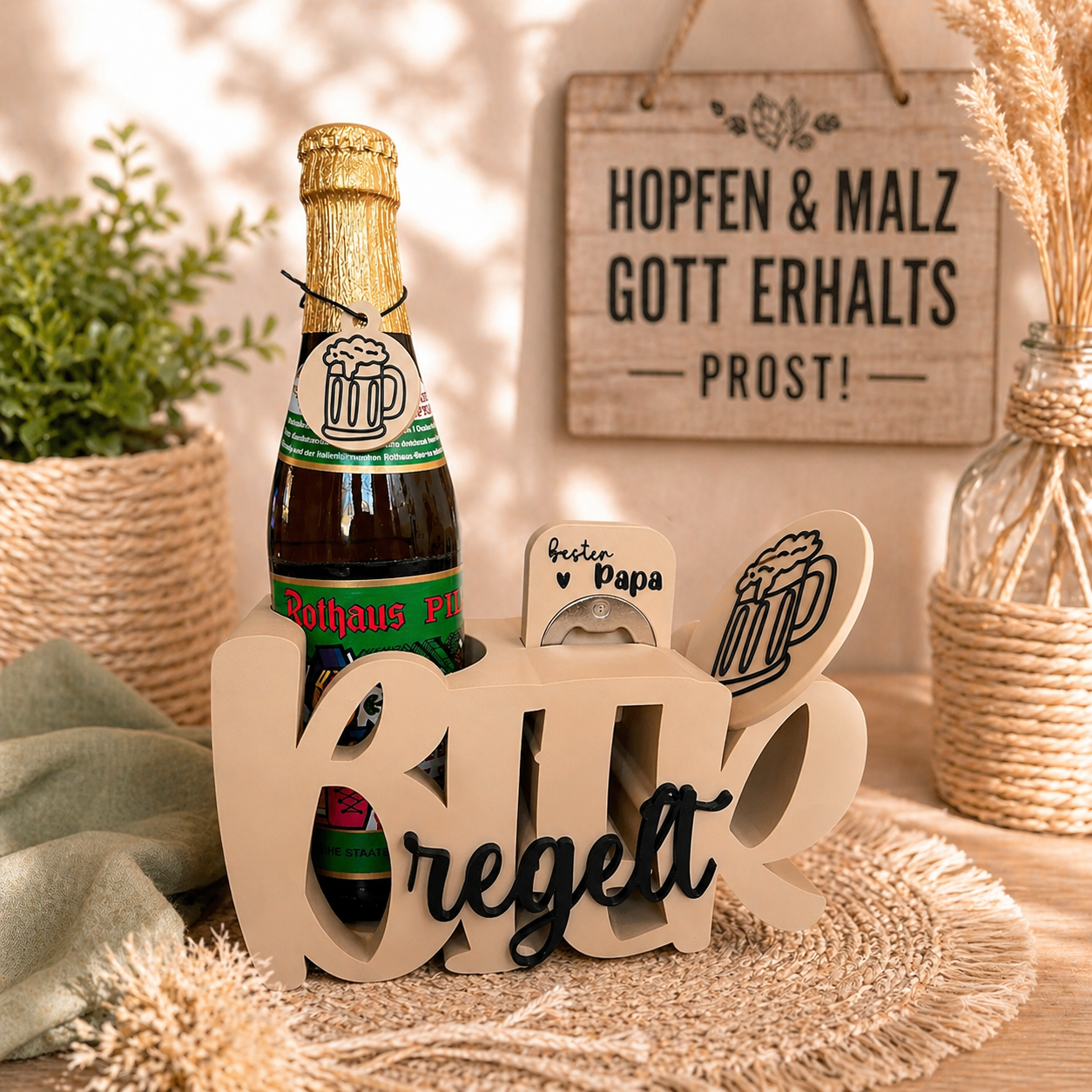 Bier Geschenkset „Bier regelt“ 🍺 | Origineller Flaschenhalter mit Öffner & Zubehör