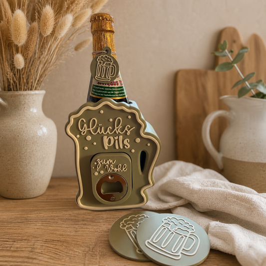 🍺 Glückspils Bier Flaschenhalter mit Öffner & Untersetzer – Geschenkidee für Männer/Ladys & Bierliebhaber