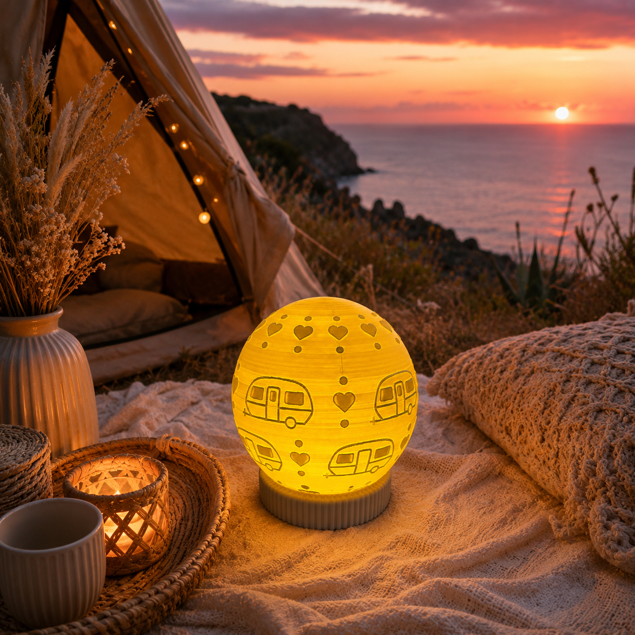 🏕️ Vintage Camper Kugelwindlicht mit Sockel – gemütliches Urlaubsfeeling für Zuhause & unterwegs 🤍