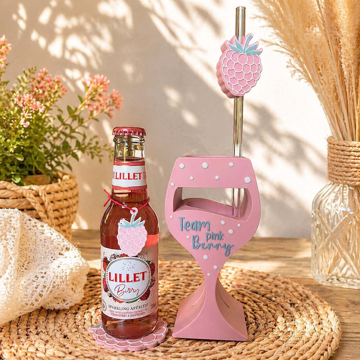 🍓Aperitif Flaschenhalter „Team Pink Berry“ – 3D Druck Set mit Zubehör