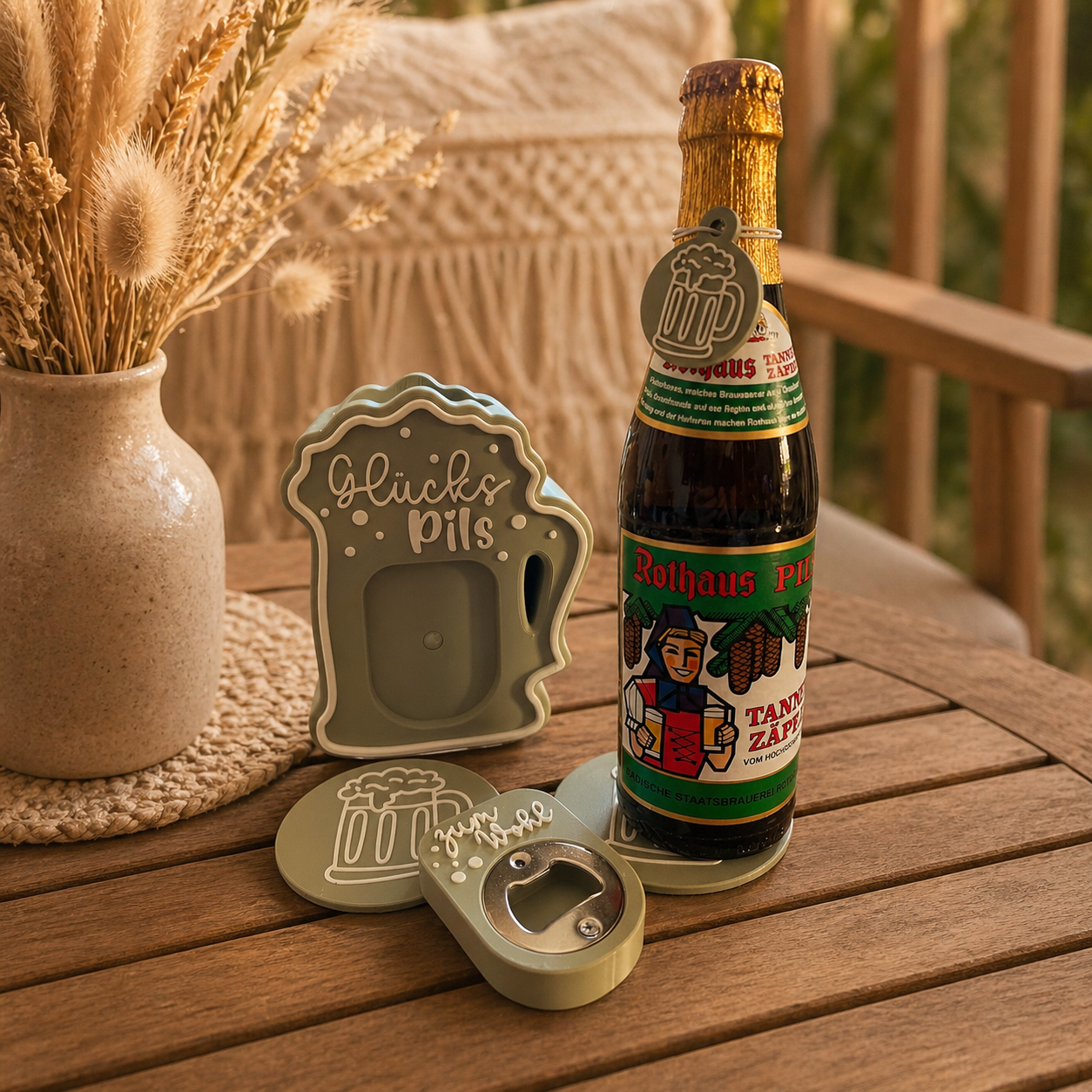 🍺 Glückspils Bier Flaschenhalter mit Öffner & Untersetzer – Geschenkidee für Männer/Ladys & Bierliebhaber