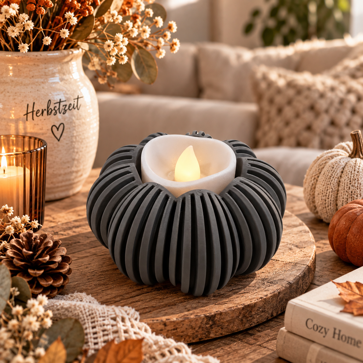 🎃 Japandi Kürbislicht – LED-Teelichthalter | Moderne Herbstdeko