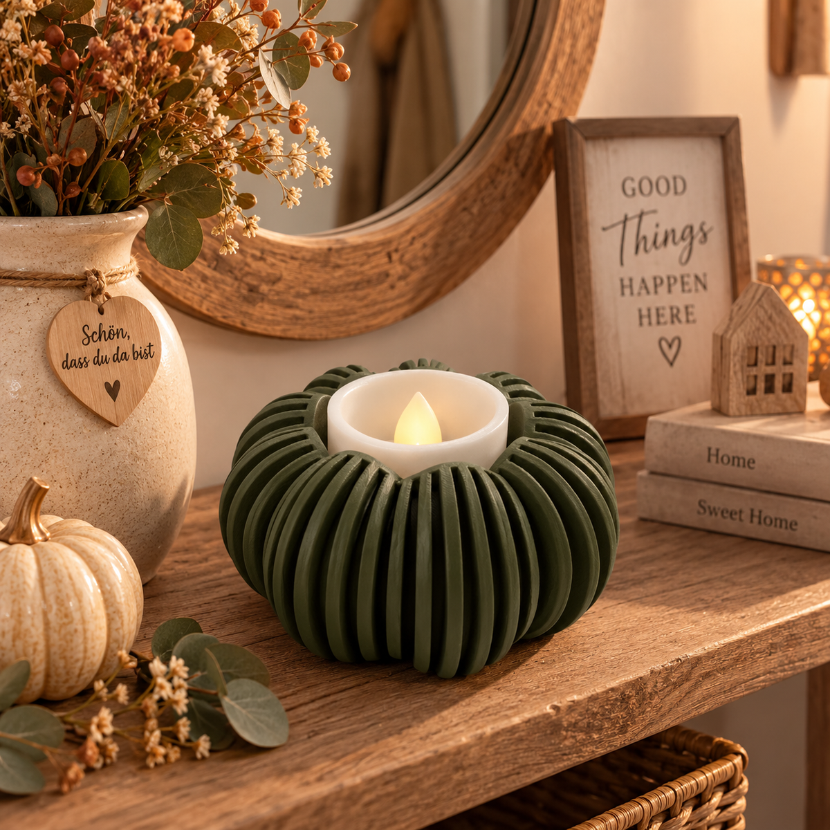🎃 Japandi Kürbislicht – LED-Teelichthalter | Moderne Herbstdeko