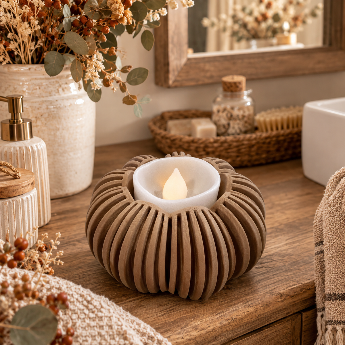 🎃 Japandi Kürbislicht – LED-Teelichthalter | Moderne Herbstdeko
