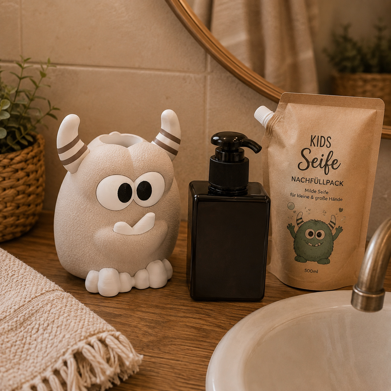 👾 MONSTI – Dein kleines Mutmachmonster ♥  Personalisierbarer 3D-Spender für Seife, Lotion, Sonnenmilch & mehr