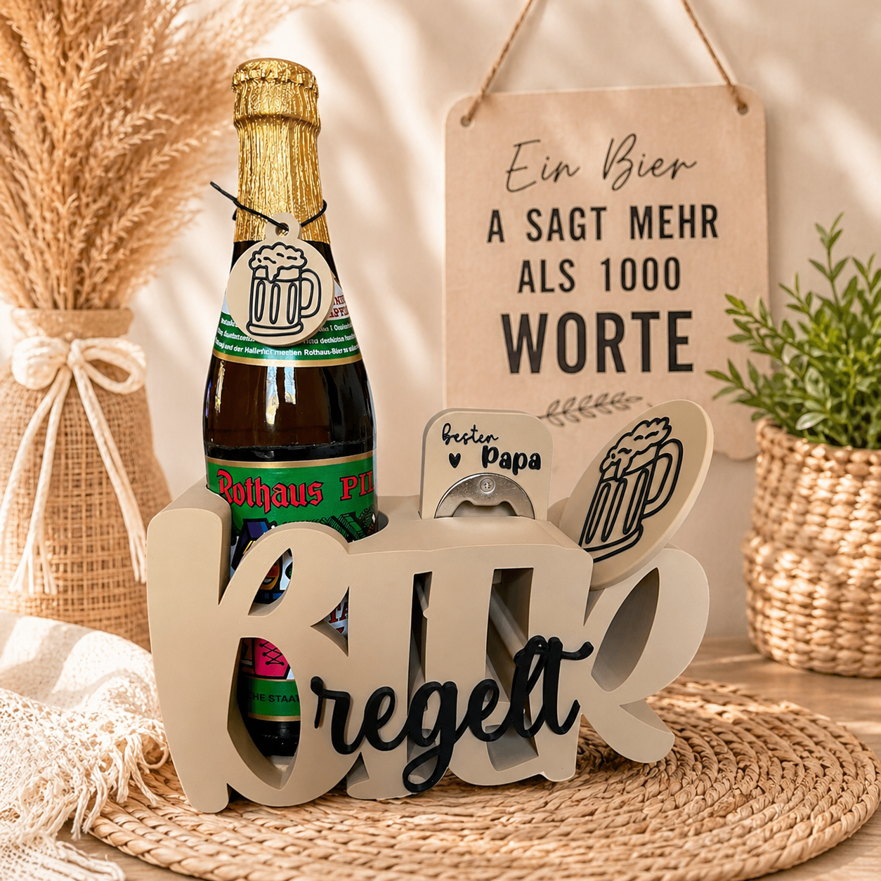 Bier Geschenkset „Bier regelt“ 🍺 | Origineller Flaschenhalter mit Öffner & Zubehör