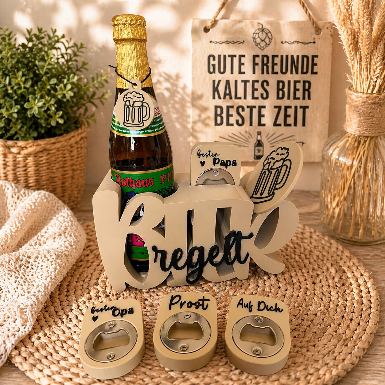 Bier Geschenkset „Bier regelt“ 🍺 | Origineller Flaschenhalter mit Öffner & Zubehör