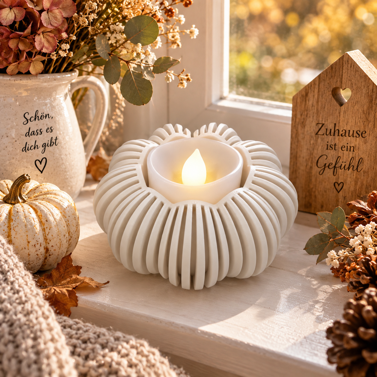 🎃 Japandi Kürbislicht – LED-Teelichthalter | Moderne Herbstdeko