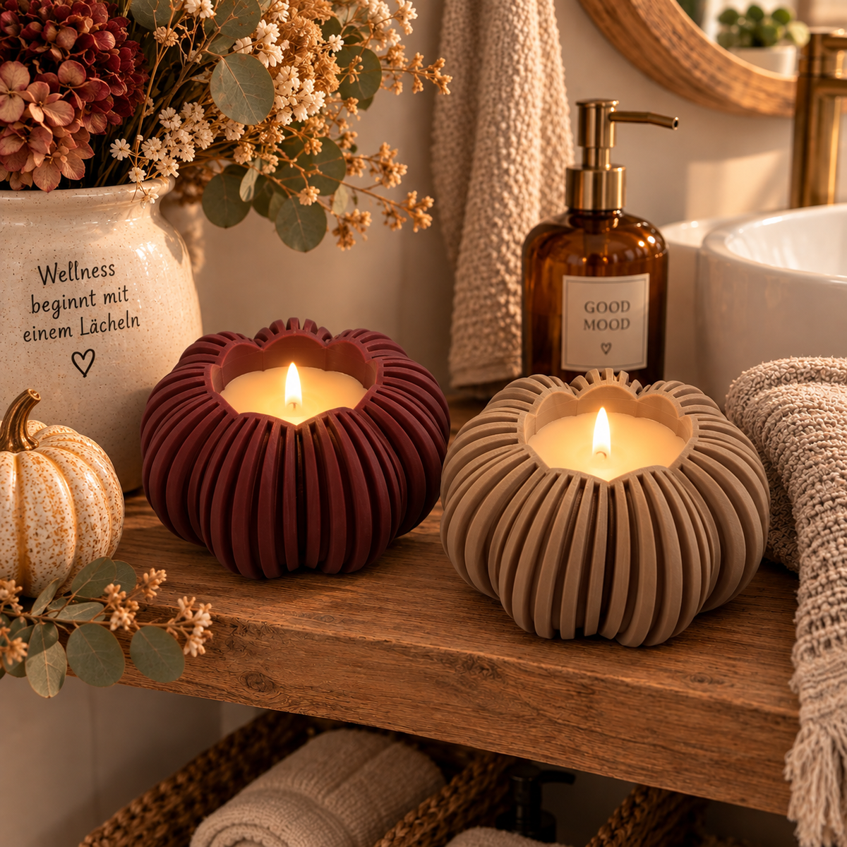 🎃 Japandi Kürbislicht – LED-Teelichthalter | Moderne Herbstdeko