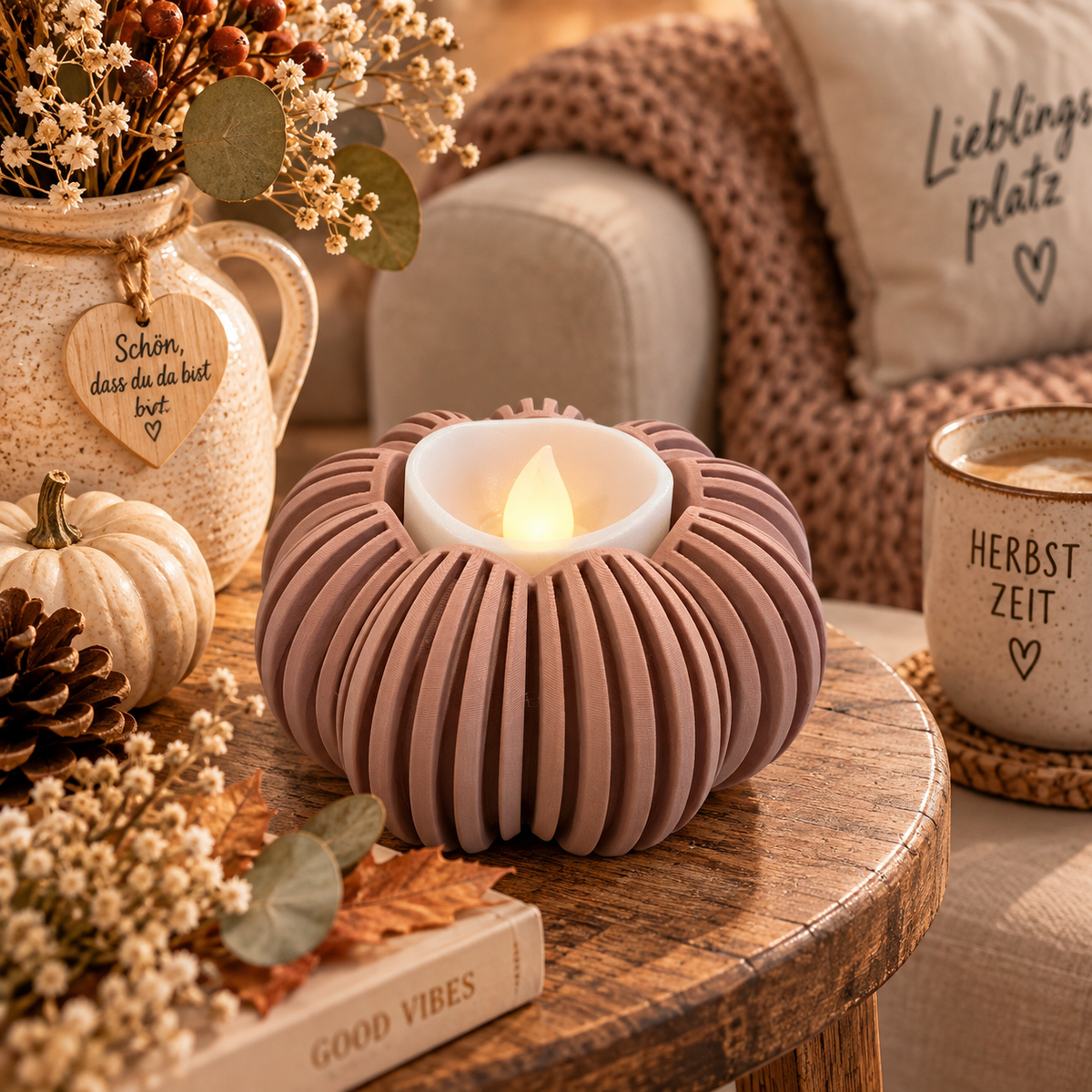 🎃 Japandi Kürbislicht – LED-Teelichthalter | Moderne Herbstdeko
