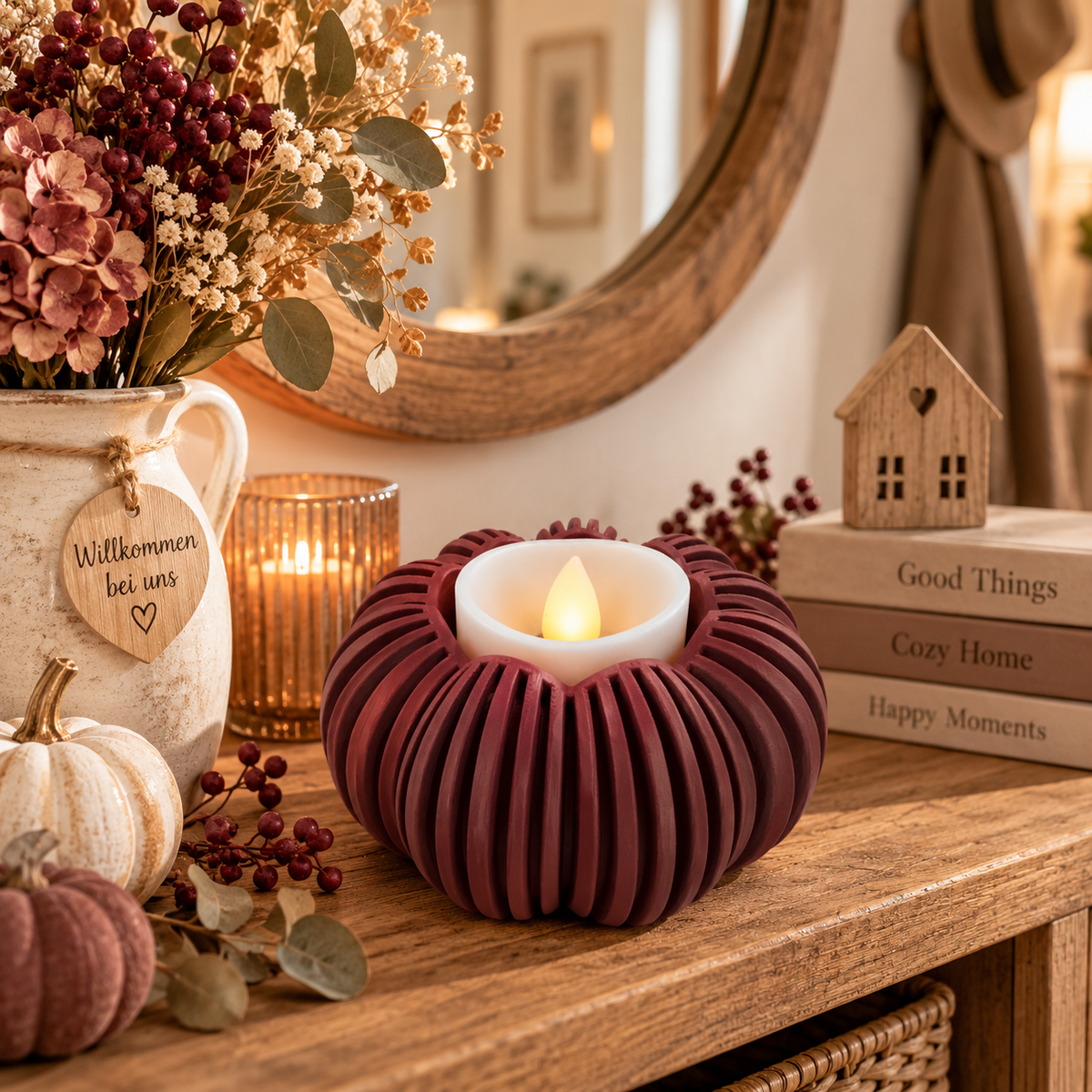 🎃 Japandi Kürbislicht – LED-Teelichthalter | Moderne Herbstdeko