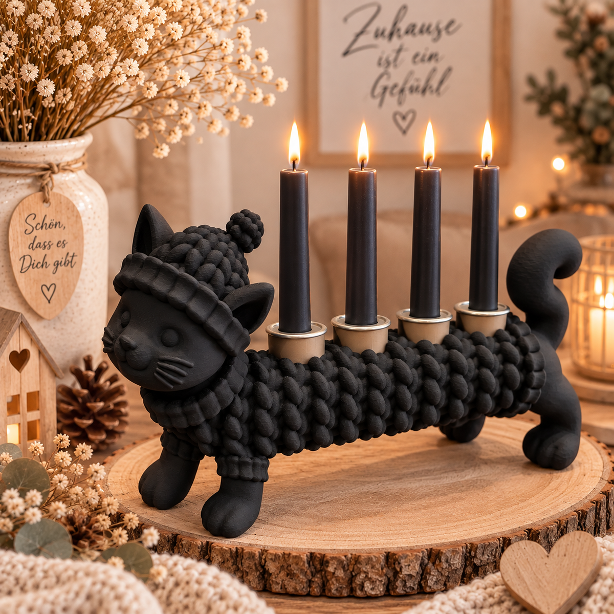 🐶🐈‍⬛ KUSCHELZEIT – Dackel & Katze Kerzenhalter in Strickoptik | 4-flammige Adventsdeko & Ganzjahresdeko