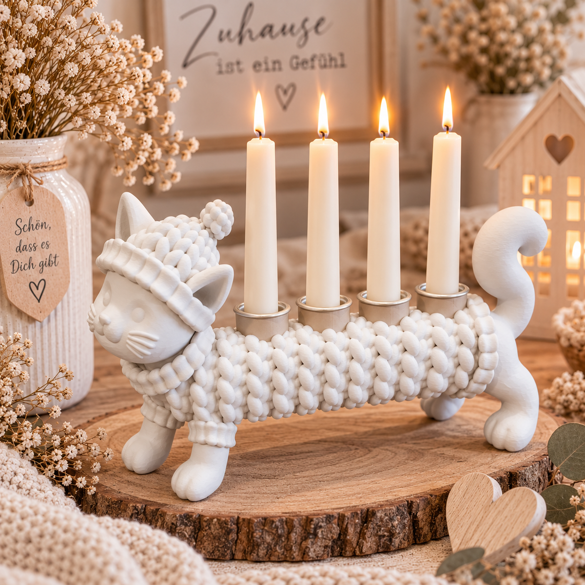 🐶🐈‍⬛ KUSCHELZEIT – Dackel & Katze Kerzenhalter in Strickoptik | 4-flammige Adventsdeko & Ganzjahresdeko