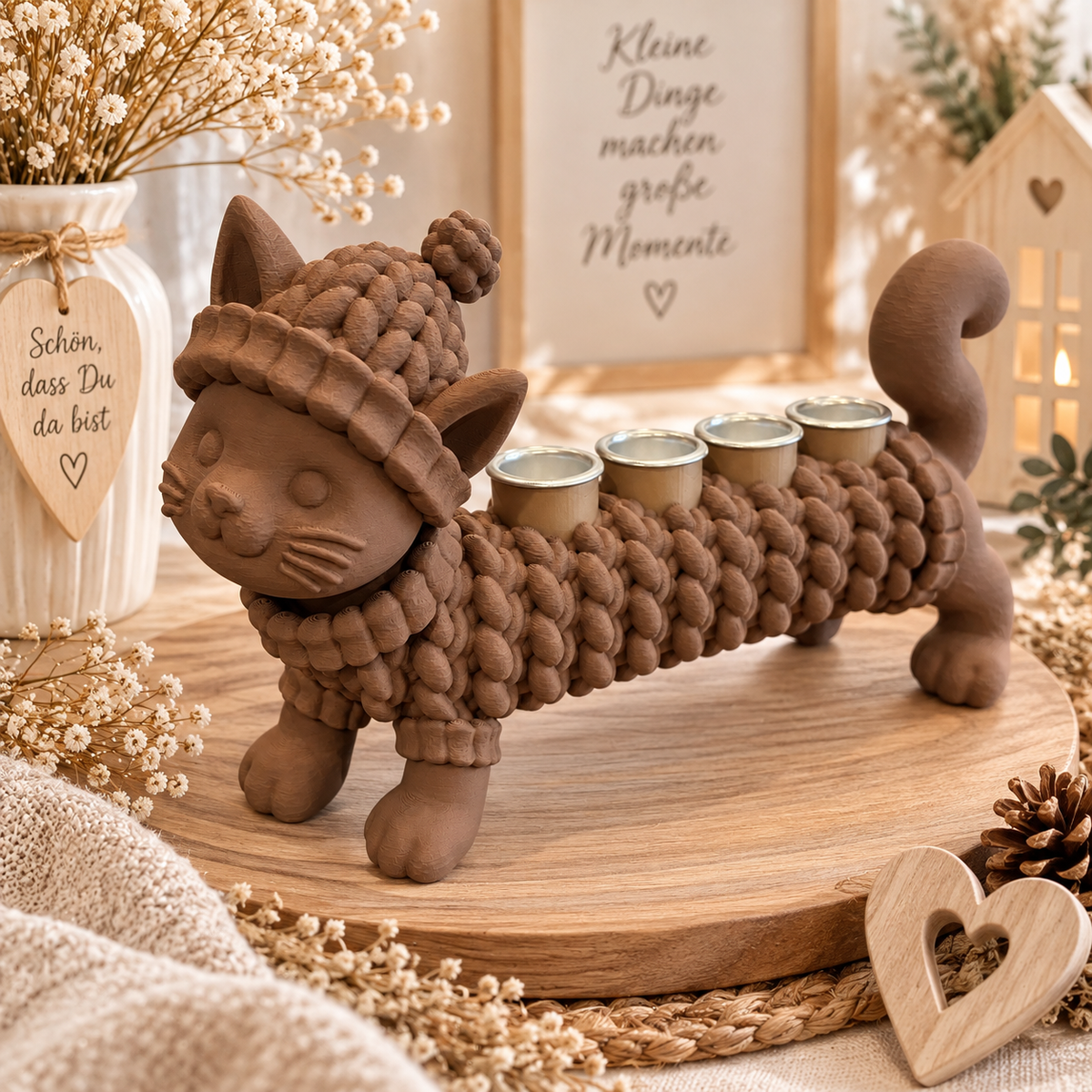 🐶🐈‍⬛ KUSCHELZEIT – Dackel & Katze Kerzenhalter in Strickoptik | 4-flammige Adventsdeko & Ganzjahresdeko