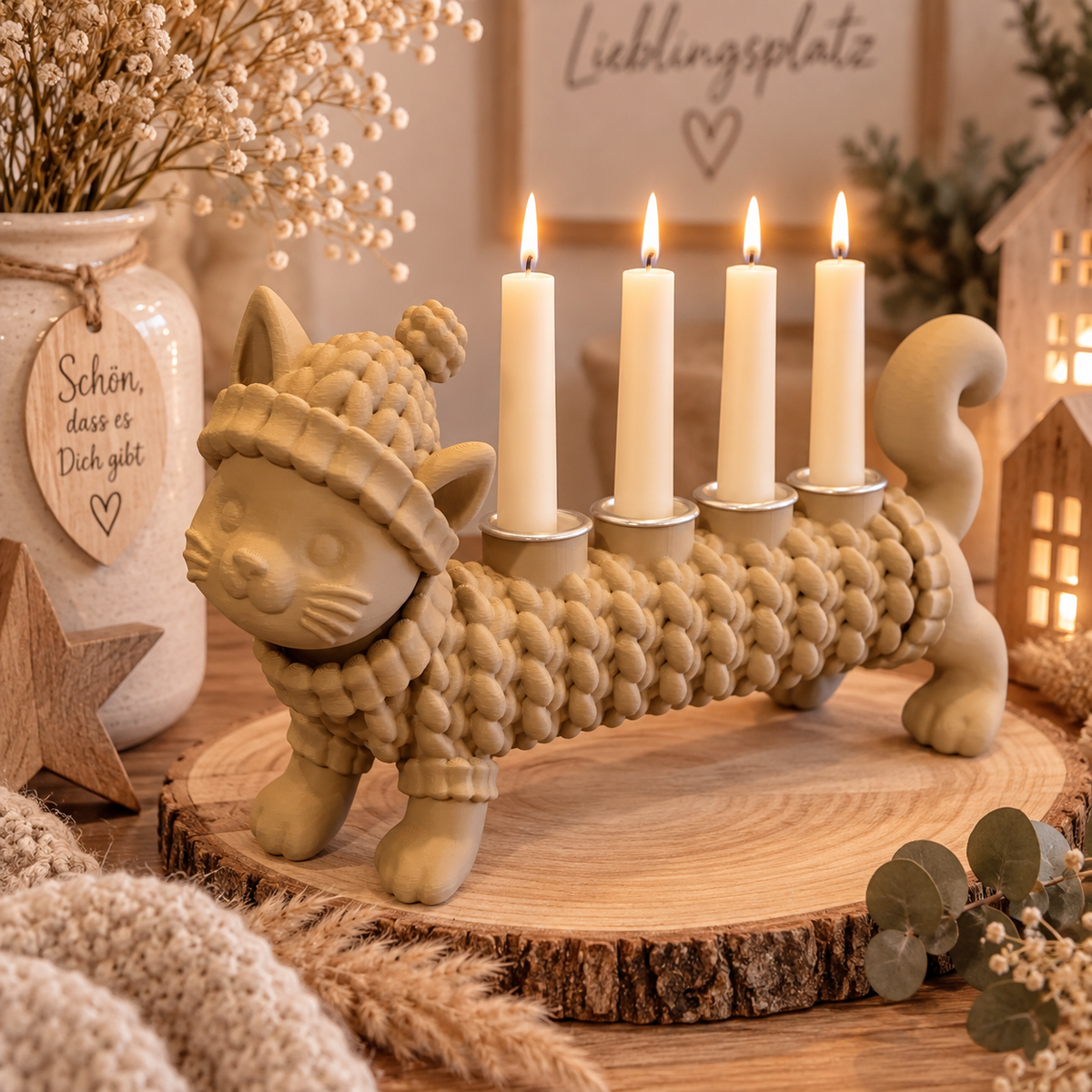 🐶🐈‍⬛ KUSCHELZEIT – Dackel & Katze Kerzenhalter in Strickoptik | 4-flammige Adventsdeko & Ganzjahresdeko