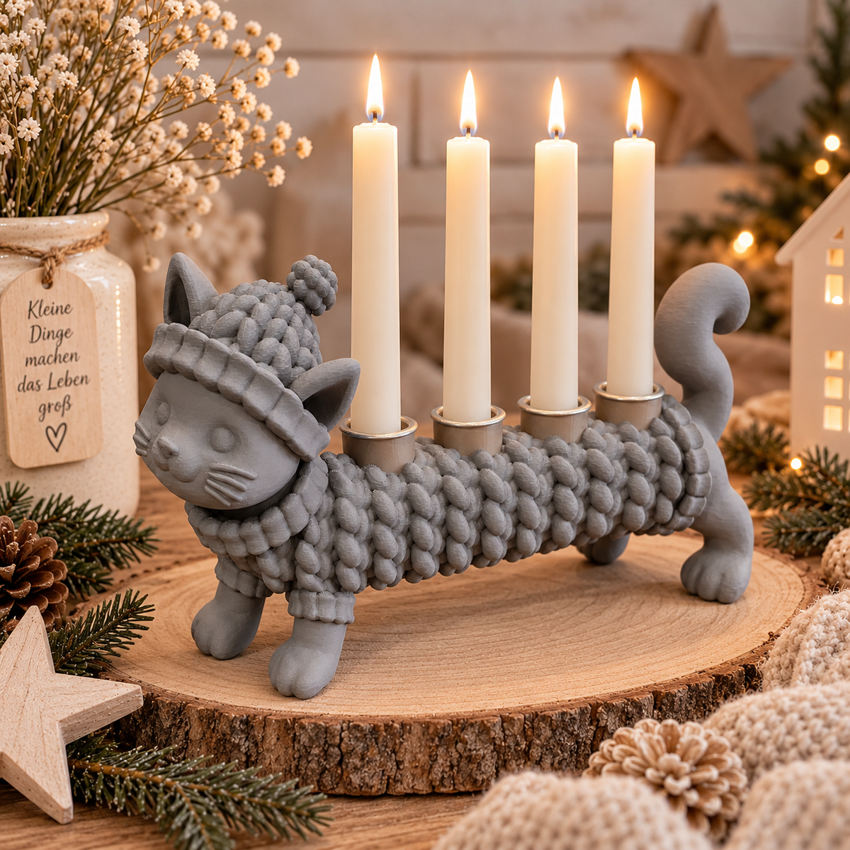 🐶🐈‍⬛ KUSCHELZEIT – Dackel & Katze Kerzenhalter in Strickoptik | 4-flammige Adventsdeko & Ganzjahresdeko