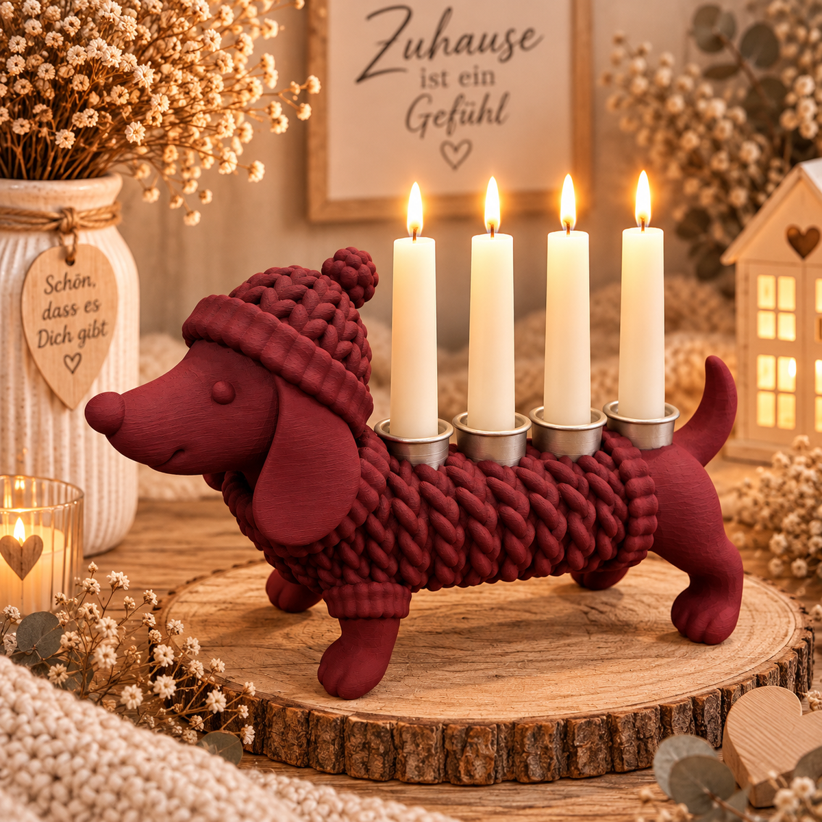 🐶🐈‍⬛ KUSCHELZEIT – Dackel & Katze Kerzenhalter in Strickoptik | 4-flammige Adventsdeko & Ganzjahresdeko