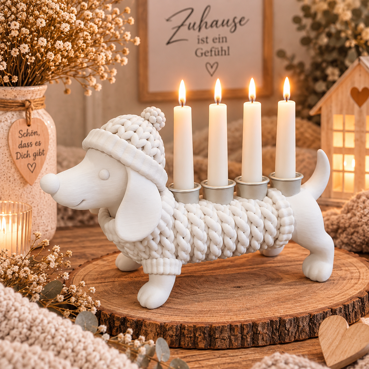 🐶🐈‍⬛ KUSCHELZEIT – Dackel & Katze Kerzenhalter in Strickoptik | 4-flammige Adventsdeko & Ganzjahresdeko