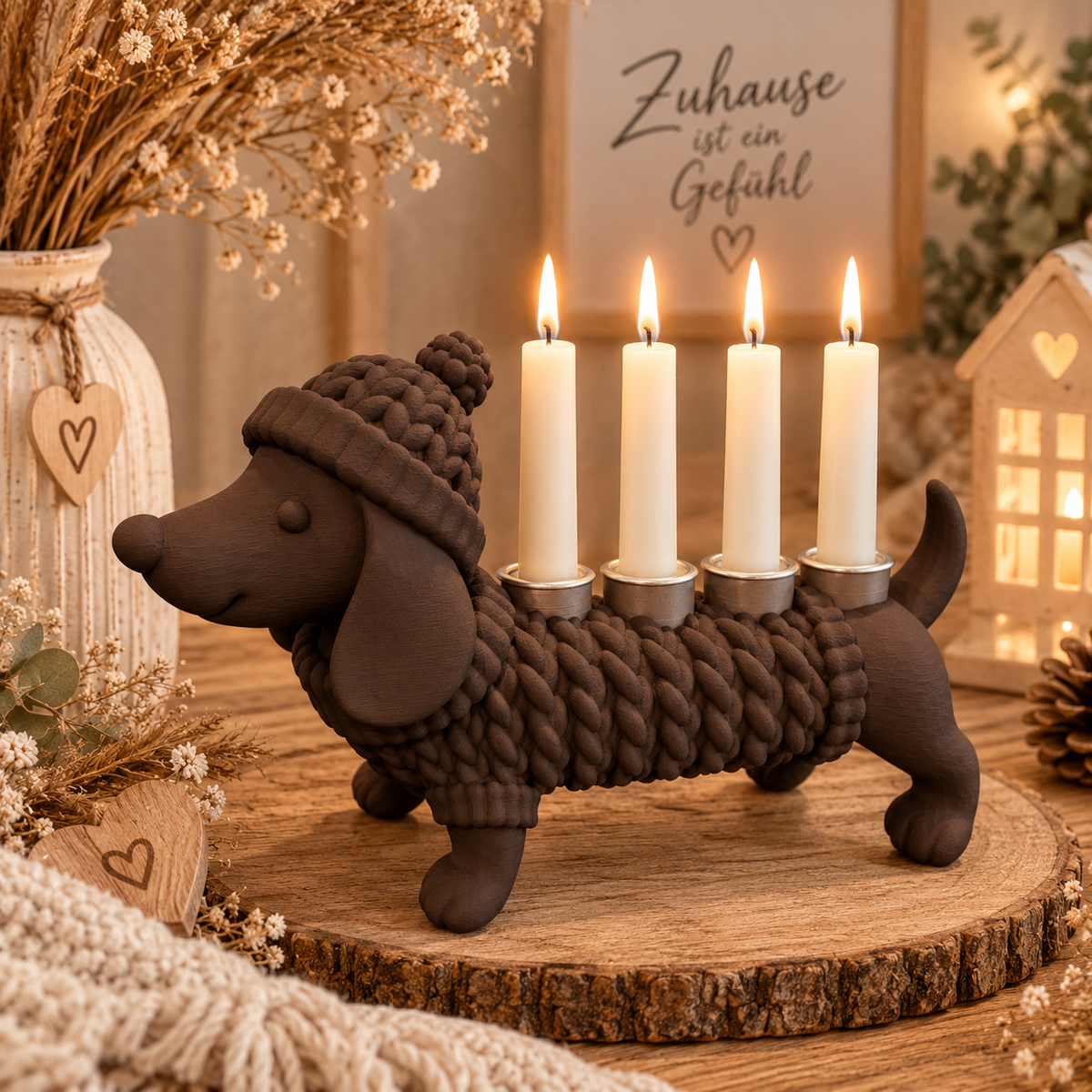 🐶🐈‍⬛ KUSCHELZEIT – Dackel & Katze Kerzenhalter in Strickoptik | 4-flammige Adventsdeko & Ganzjahresdeko