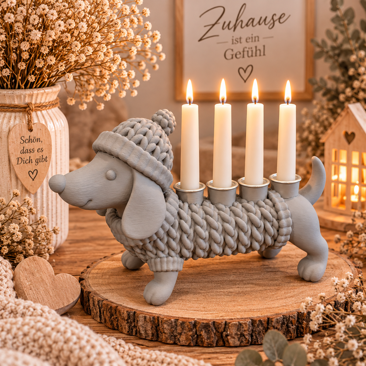 🐶🐈‍⬛ KUSCHELZEIT – Dackel & Katze Kerzenhalter in Strickoptik | 4-flammige Adventsdeko & Ganzjahresdeko