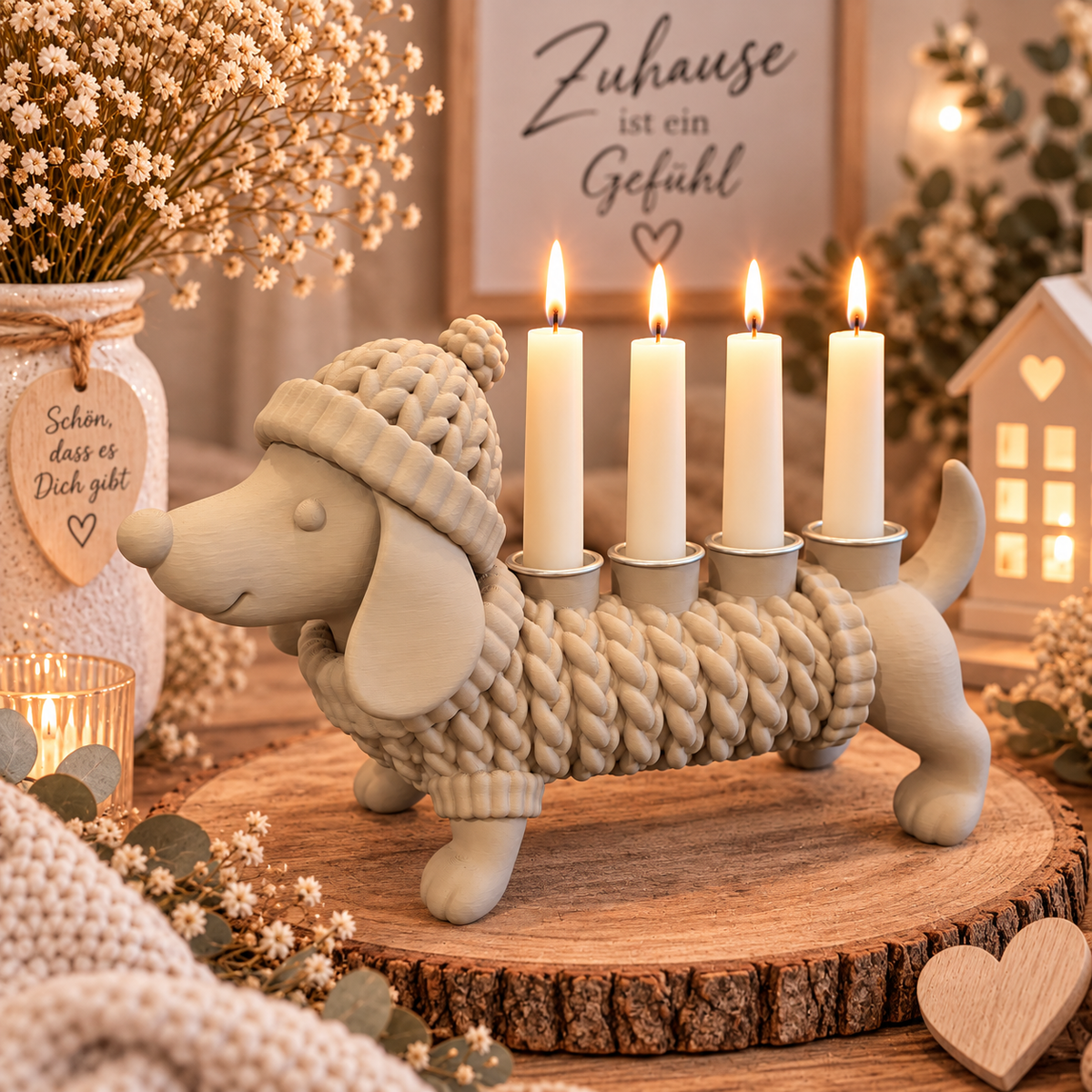 🐶🐈‍⬛ KUSCHELZEIT – Dackel & Katze Kerzenhalter in Strickoptik | 4-flammige Adventsdeko & Ganzjahresdeko