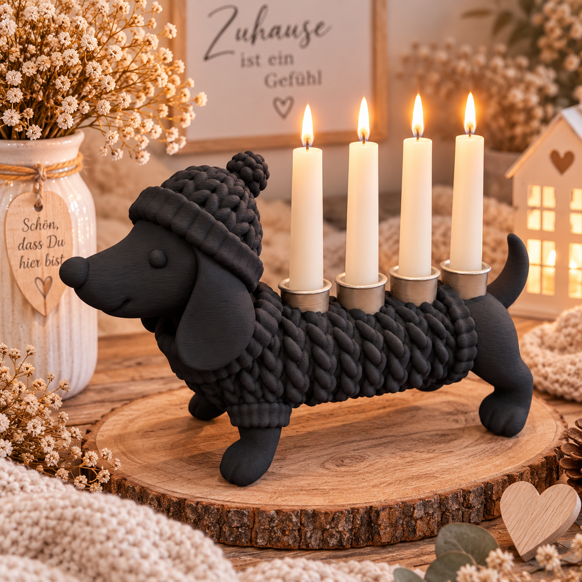 🐶🐈‍⬛ KUSCHELZEIT – Dackel & Katze Kerzenhalter in Strickoptik | 4-flammige Adventsdeko & Ganzjahresdeko