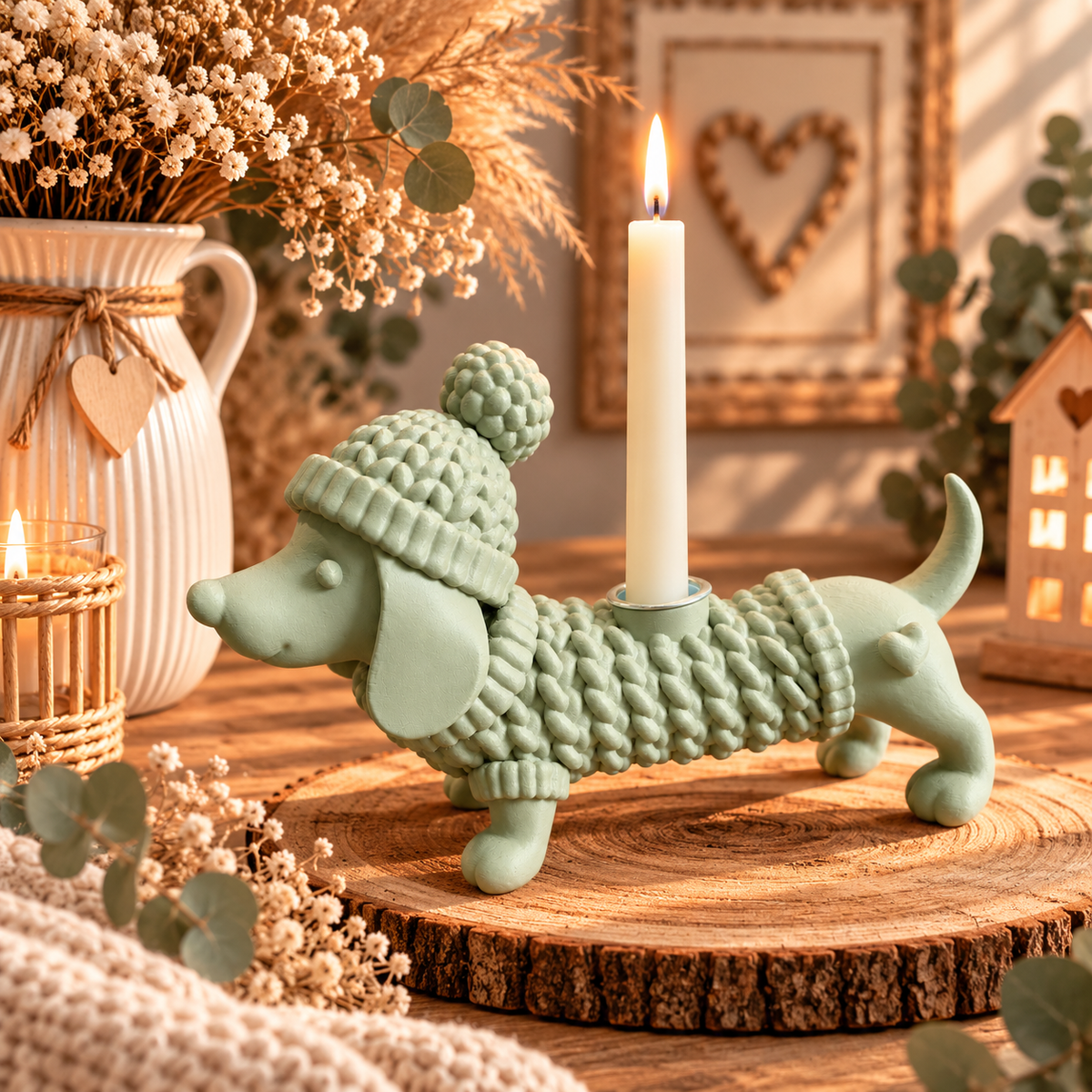 🐶🐈‍⬛ KUSCHELZEIT – Dackel & Katze als Kerzenhalter in Strickoptik | Dein tierisch süßer Lichtblick 🤎🕯️