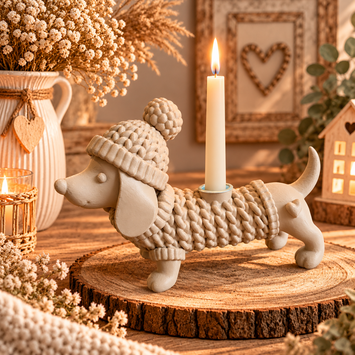 🐶🐈‍⬛ KUSCHELZEIT – Dackel & Katze als Kerzenhalter in Strickoptik | Dein tierisch süßer Lichtblick 🤎🕯️