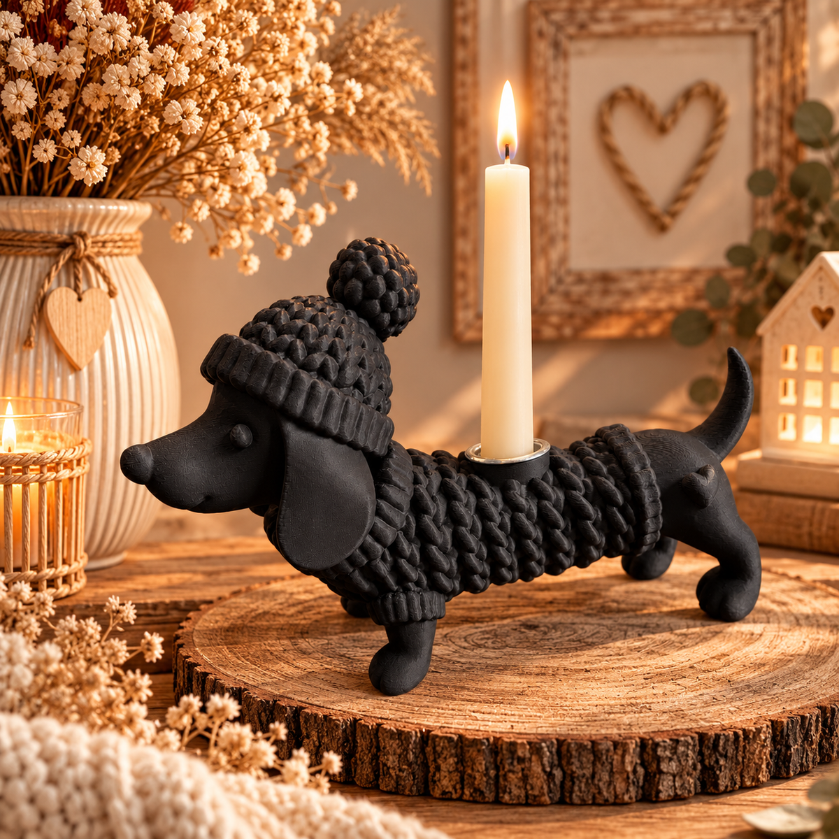 🐶🐈‍⬛ KUSCHELZEIT – Dackel & Katze als Kerzenhalter in Strickoptik | Dein tierisch süßer Lichtblick 🤎🕯️